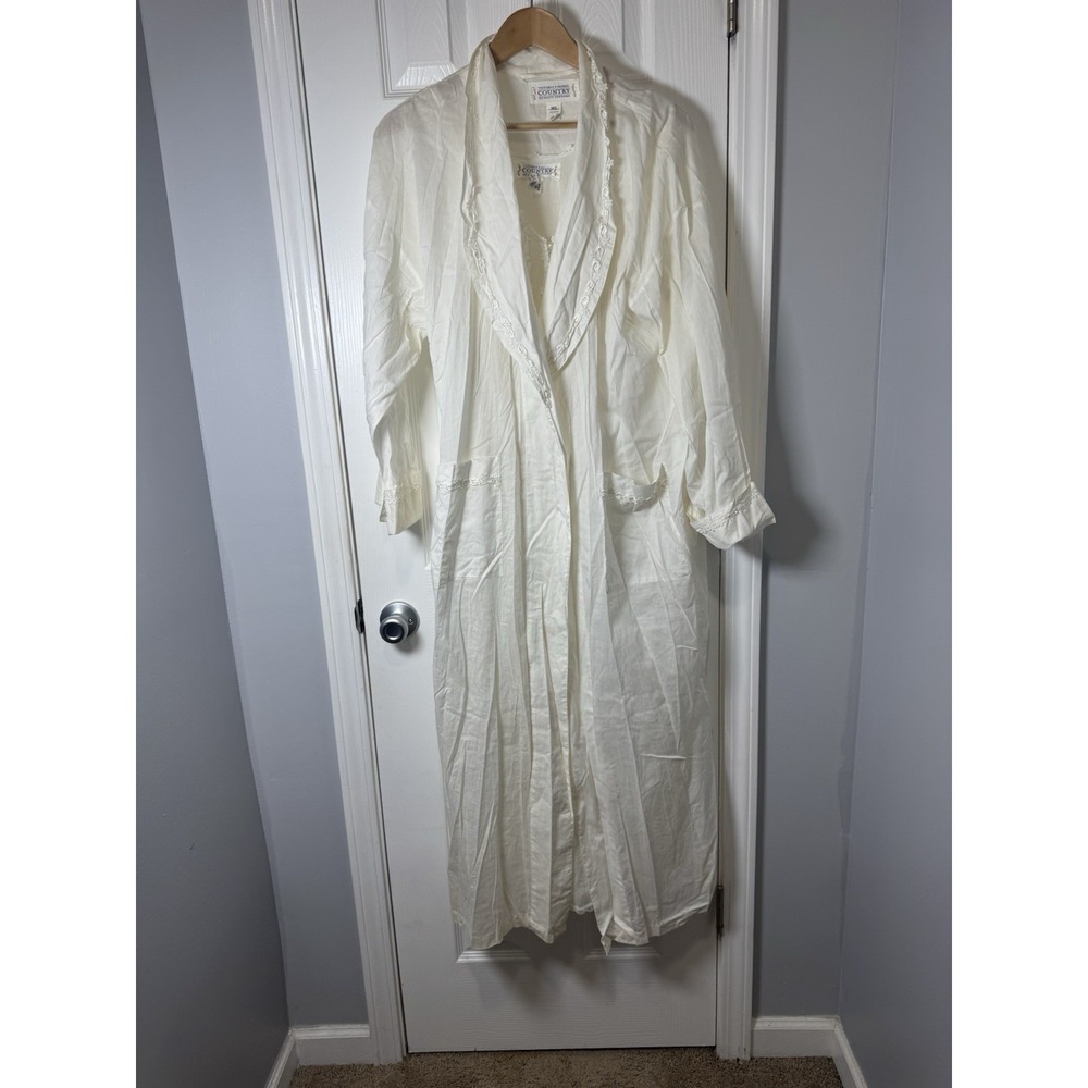 Vtg Victoria's Secret Country Cottons White Nightgown Robe Women's M/L 2pc Set